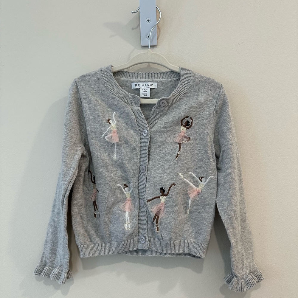 New! Primark Gray Cardigan with Ballerina Embroidery size 3-4Y